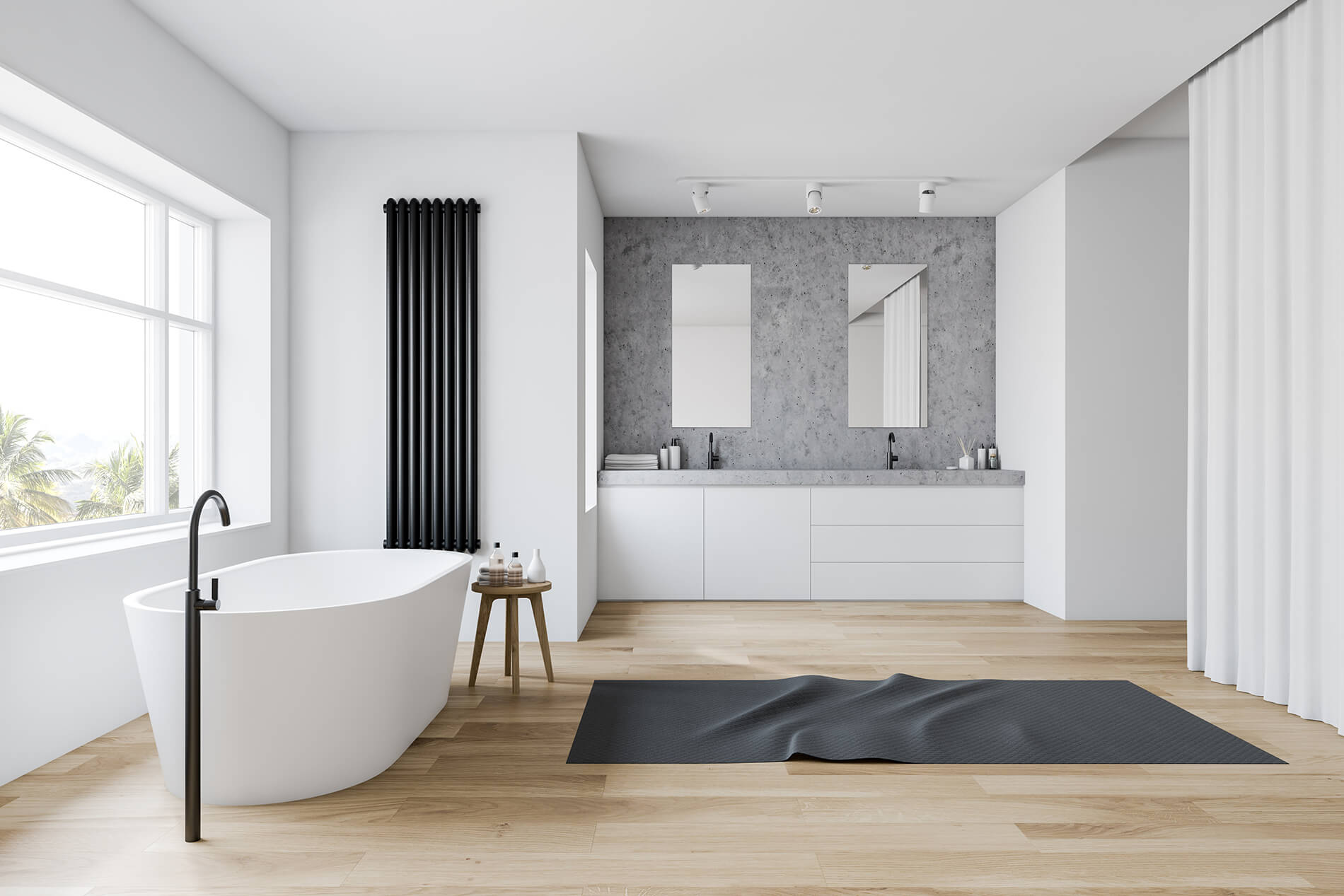 Bright bathroom with a freestanding bathtub, black tapware, and timber-look flooring