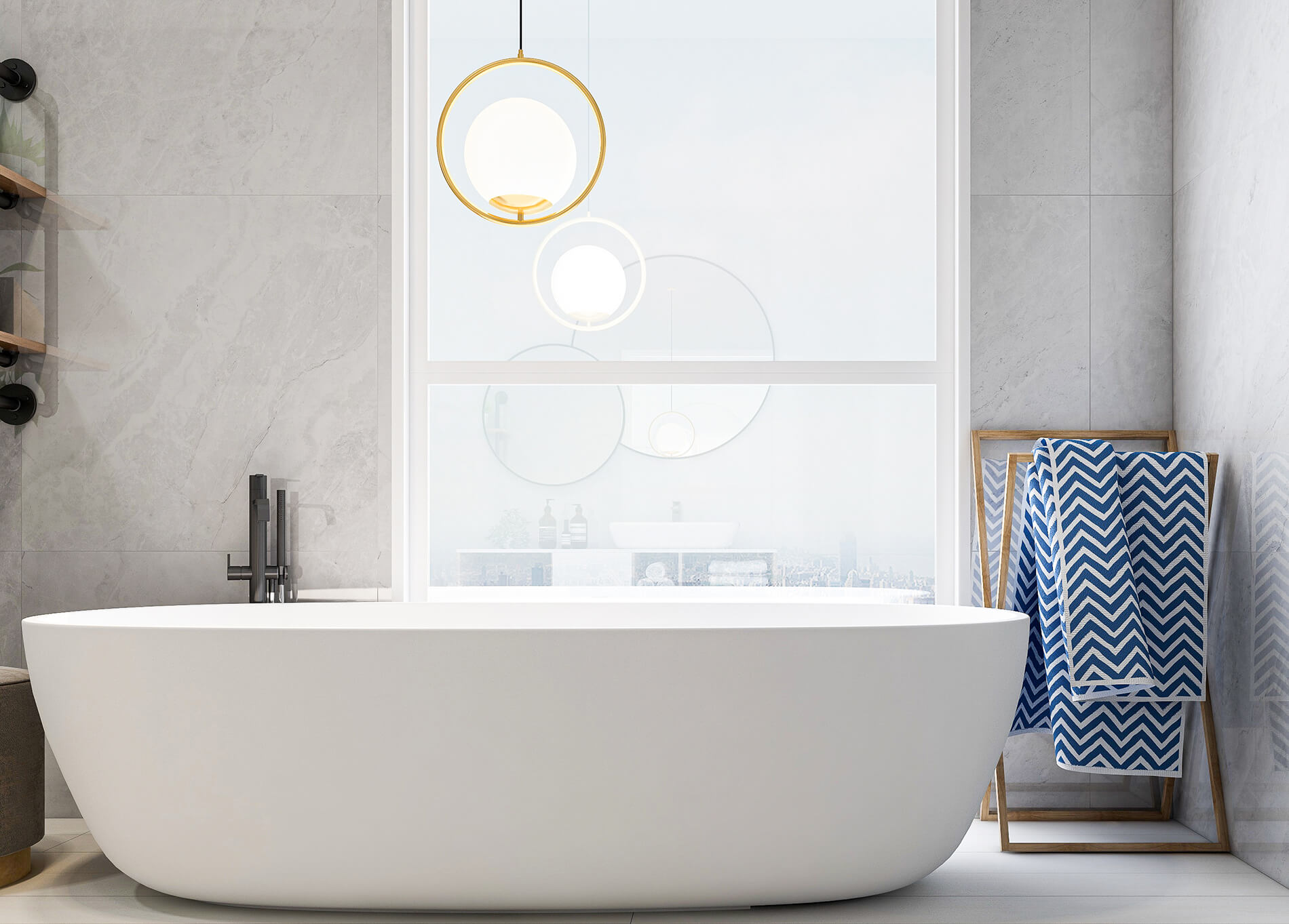 En suite with grey tiled walls, a timber mirror cabinet, and an oval vessel basin
