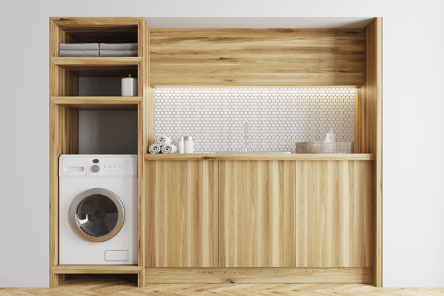 Built-in laundry nook with timber cabinetry, open shelving, and a front-load washing machine